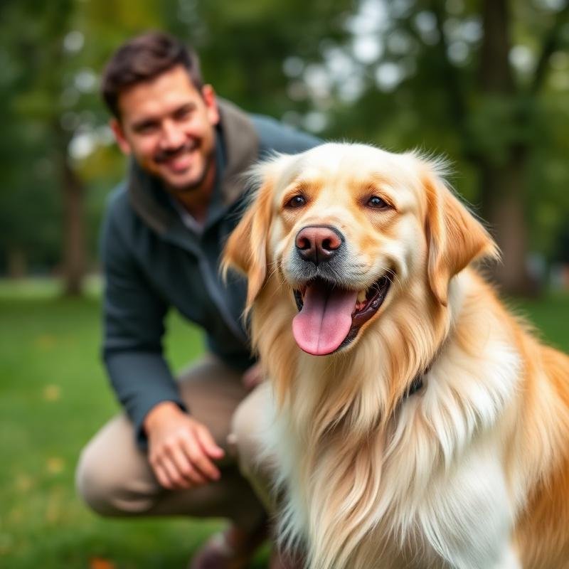 Χαρούμενος Golden Retriever με ιδιοκτήτη